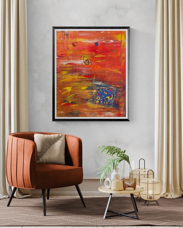 Original painting abstract orange  in living room