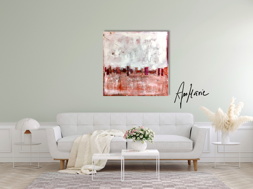 Abstraktno delo z navdihom v mestnem ritmu in arhitekturnih linijah. Dinamična kompozicija v sodobnem slogu.