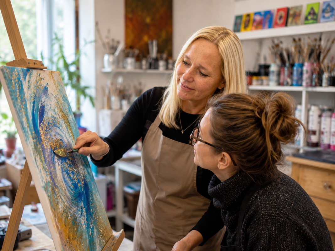 A glimpse into my creative world – personal guidance, exploring colour and abstract painting at my Slikarski brlog studio in Ljubljana.